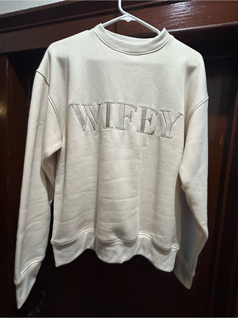 Cream Wifey Embroidered Crewneck Sweatshirt